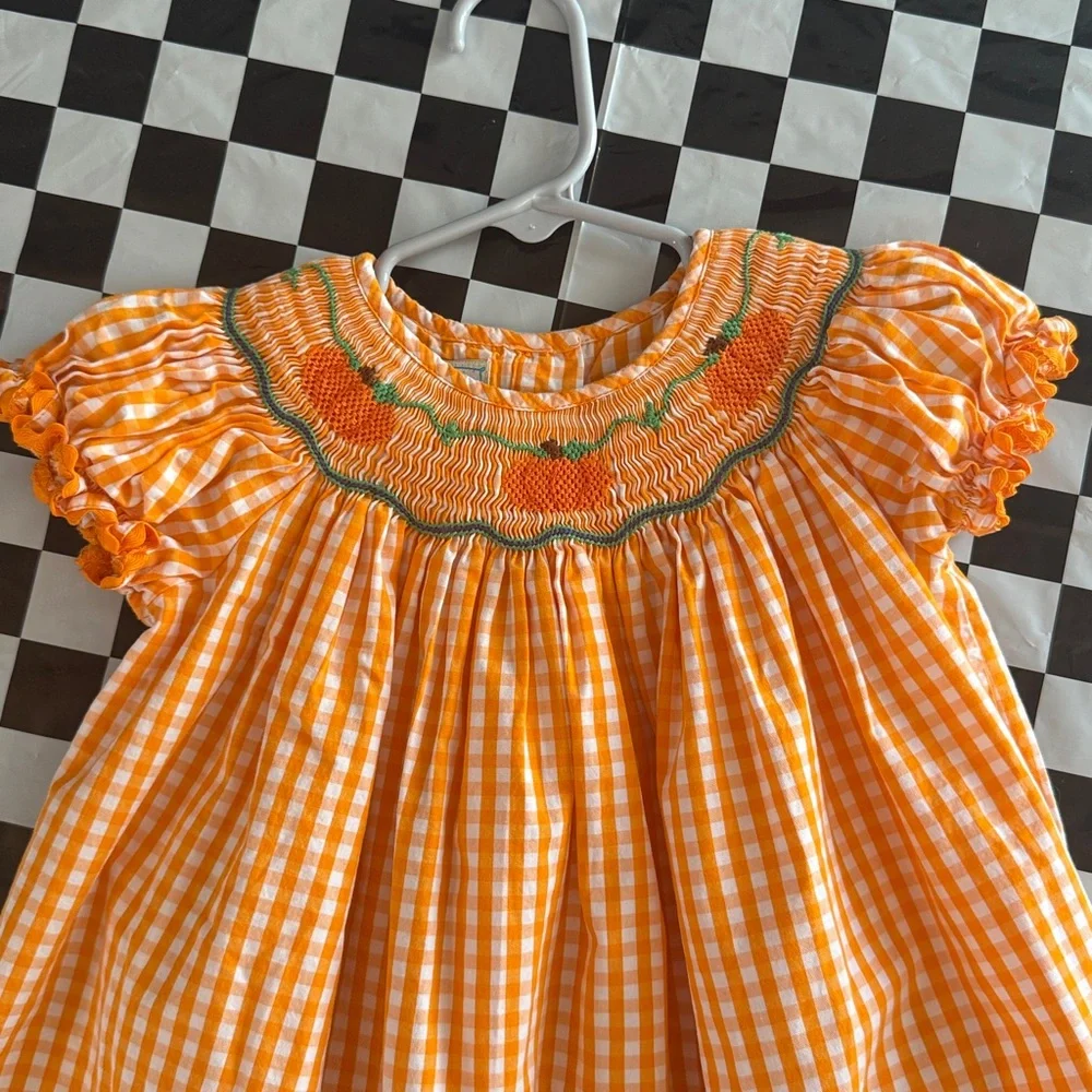 Marmellata Orange and White Gingham Dress with Pumpkin Detail - Picture 2 of 4
